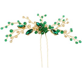 BETITETO Crystal Bridal Hair Pin Emerald Green Gold Hair Vine Accessories Headpiece Elegant for Wedding Party Banquet (Emerald Green)