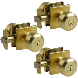 Bamberg 700SQ Ball Door Lock for Entrance, Door Lever, Bedroom Bathroom Door Handle, Left or Right Door Interior Door Lock with Key (Privacy, Gold, 3-Pack)