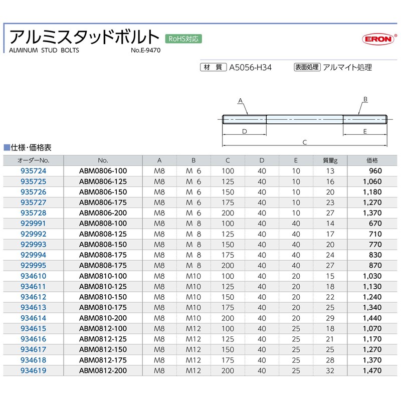 Nabeya ABM0808-200 Aluminum Stud Bolts M8 x 200mm