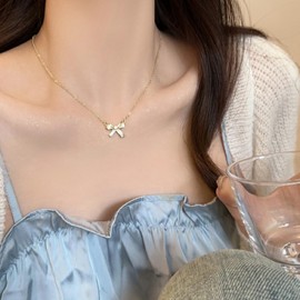 JAVARNV Bow Necklace Earrings Set for Women Bow Jewelry Trendy Rhinestone Bowknot Pendant Necklace Gold Silver Bow Earrings Christmas Gifts for Stocking Stuffers