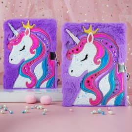 PinkSheep Unicorn Diary for Girls with Lock and Keys, Unicorn Journal, Magic Unicorn Notebook for Kids, Plush Secret Diary Lined Notebook 300 Pages for Writing and Drawing, Unicorn Gifts For Girls
