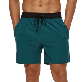 Arcweg Men's Swimming Shorts Mens Swim Trunks with Zipper Pockets Swim Shorts Mesh Lining Stretchy Board Shorts Surfing Beach Shorts Quick Dry Black/Dark Green L(UK)