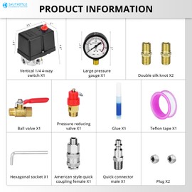 Universal Air Compressor Pressure Switch Control Valve (90-120 PSI, 110V-240V) with 0-180 PSI Regulator and Safety Pressure Relief Valve - 4 Way Replacement Part (110V-240V-B6)