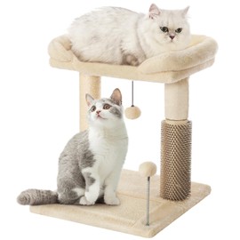 Made4Pets Small Cat Tree Tower, Cat Scratching Post 4-in-1 with Cat Self Groomer Brush, 20" Tall Natural Sisal Cat Scratcher, Soft Plush Cat Perch Bed with Dangling Ball for Indoor Kittens, Beige