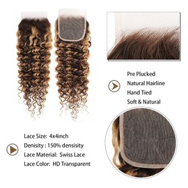 Highlight Bundles Human Hair with Closure,10a Deep Wave 4Bundles with Closure 4/27 Ombre Brown Bundles Human Hair with 4x4 Lace Closure (Highlighted Bundles 12 14 16 18+12 Inch)