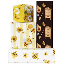 Bee Wrapping Paper for Kids Girls Boys 8 Sheets Cute Honey Bee Honeycomb Flower Birthday Wrapping Paper 50 x 70 cm per Sheet for Baby Shower Birthday Spring Summer Holiday