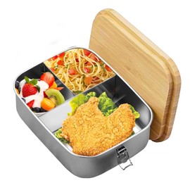 1200Ml Lunch Box Stainless Steel, Bento Box Metal With Wooden Lid Lunch Container, Bento Lunchbox Adult 3 Compartment Sandwich Box Metal With Cutlery Fork & Spoon Suitable For School, Work, Picnic