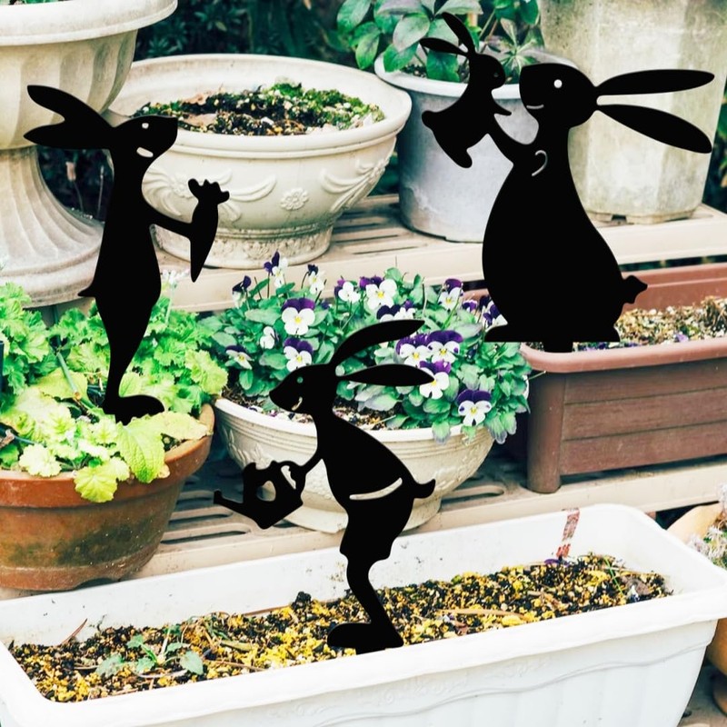 Set 3 Metal Rabbit Garden Stakes Bunny Front Yard Black