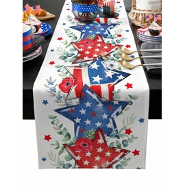 4th of July Table Runner, Patriotic Memorial Day Cotton Linencloth Holiday Farmhouse Table Decor for Home,Kitchen,Dining Room,Indoor,Outdoor,13X72 Inches Long, American Stars Summer Poppy Eucalyptus