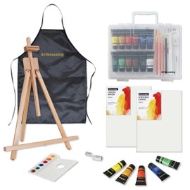 Artbreezing 25 Pieces Acrylic Painting Set,Paint Set with Table Easel,Brushes,Canvas Etc,Art Painting Supplies Kit for Students,Artists,Beginners (SET-25PCS-12 * 22ML)