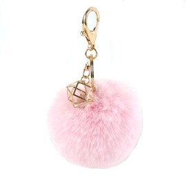 Wisafory Pompoms Key Ring with Rhinestone Faux Fur Bag Pendant Fluffy Plush Ball Keychain Key Ring for Handbag Keys Car, pink