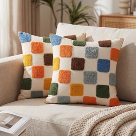 Mindsoft 2 Pcs Embroidered Plaid Throw Pillow Cover 18x18 Inches Modern Geometric Tufted Decorative Square Pillow Cover Boho Plaid Cushion Case for Couch Sofa Bedroom Living Room Home Chair Decor