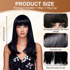 Asheyya Black Wig with Fringe, 37 cm Medium Long Straight Synthetic Black Wigs for Women
