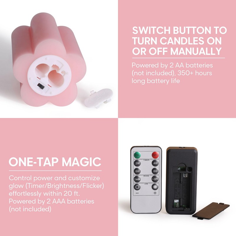 Girimax Pink Flameless Pillar Candles with Remote, Flickering LED Wax