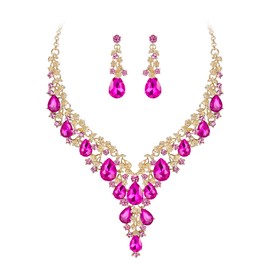 Clearine Wedding Bridal Jewellery Set for Women Teardrop Rhinestone Cluster Statement Necklace Costume Dangle Earrings Fuchsia Hot Pink Gold-Tone
