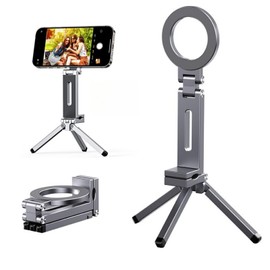 MagSafe Clip-on Tripod Smartphone Stand, Airplane, Travel, Desk, Super Strong Magnet, 360 Degree Rotation, Aluminum Alloy, Selfie Stick, Stand & Handheld Mode, Horizontal/Vertical Position, Small and
