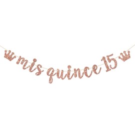 INNORU Mis Quince 15 Banner, Girls 15th Birthday Party Decorations, Fifteen Sign Banner, 15th Birthday Party Decorations, Rose Gold Glitter