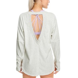 icyzone Women's Open Back Long Sleeve Crewneck Backless Athletic Tops with Thumb Holes (Gray Melange,M)