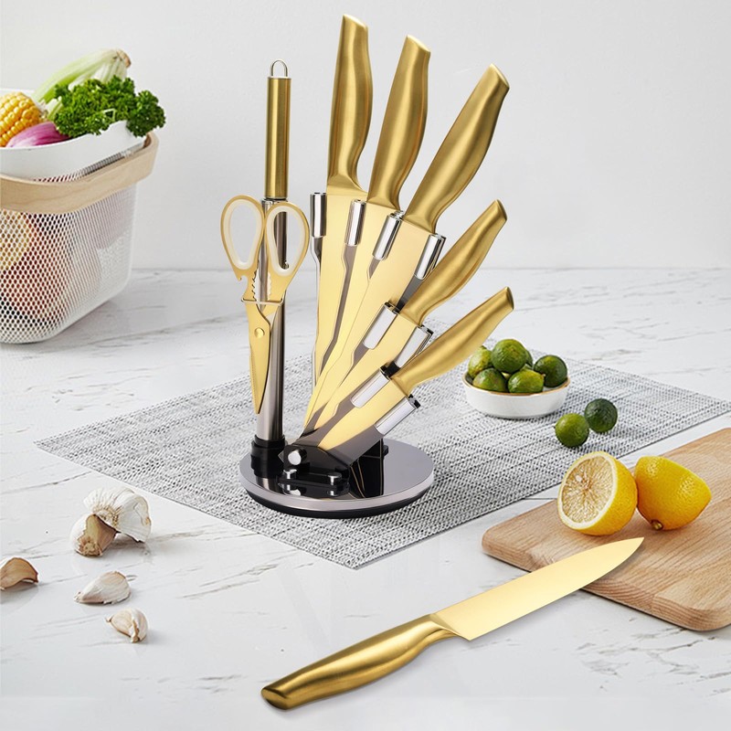 Gold Knife Set，8Pcs Gold Titanium-Coated Dishwasher Safe Kitchen Knife Block