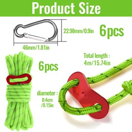 Pack of 6 4 mm Reflective Guy Ropes with Aluminium Tensioner Adjuster, with Carabiner Hook, Luminous Tension Cord Guy Line for Camping, Hiking, Awning Tents (13 Inches)