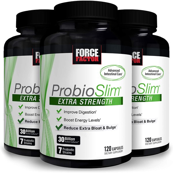 ProbioSlim Extra Strength Probiotic Supplement for Women and Men with 30 Billion CFUs and Green Tea Extract for Gut Health Support, Bloating and Gas Relief, Force Factor, 360 Capsules (3-Pack)