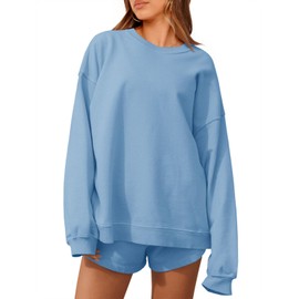 Tankaneo Womens Oversized 2 Piece Outfits Sweatsuit Casual Long Sleeve Crewneck Sweatshirts Sweat Shorts Fall Lounge Sets Light Blue