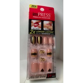Impress! Impress Gel Manicure Press on Nails Short black & Gold details w/dbl heart jewel