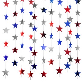 Patelai 130 Feet Golden Patriotic Star Streamers 4th of July Sparkling Paper Star Garland Hanging Decoration for Independence Day Memorial Day Labor Day Party (Red Silver Blue, Set of A)