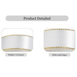 White Satin Ribbons 1 Inch x 25 Yards, Fabric Ribbon with Gold Edges Border for Gift Wrapping, DIY Crafts, Floral Bouquets, Hair Bows, Sewing Projects, Baby Shower and Wedding Party Decorations