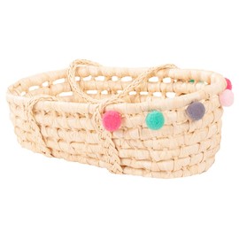 Götz Bubbles 3403327 Dolls Carrier Basket Made of Raffia with Colourful Pompoms for Baby Dolls and Standing Dolls of Sizes Between 27 cm and 33 cm