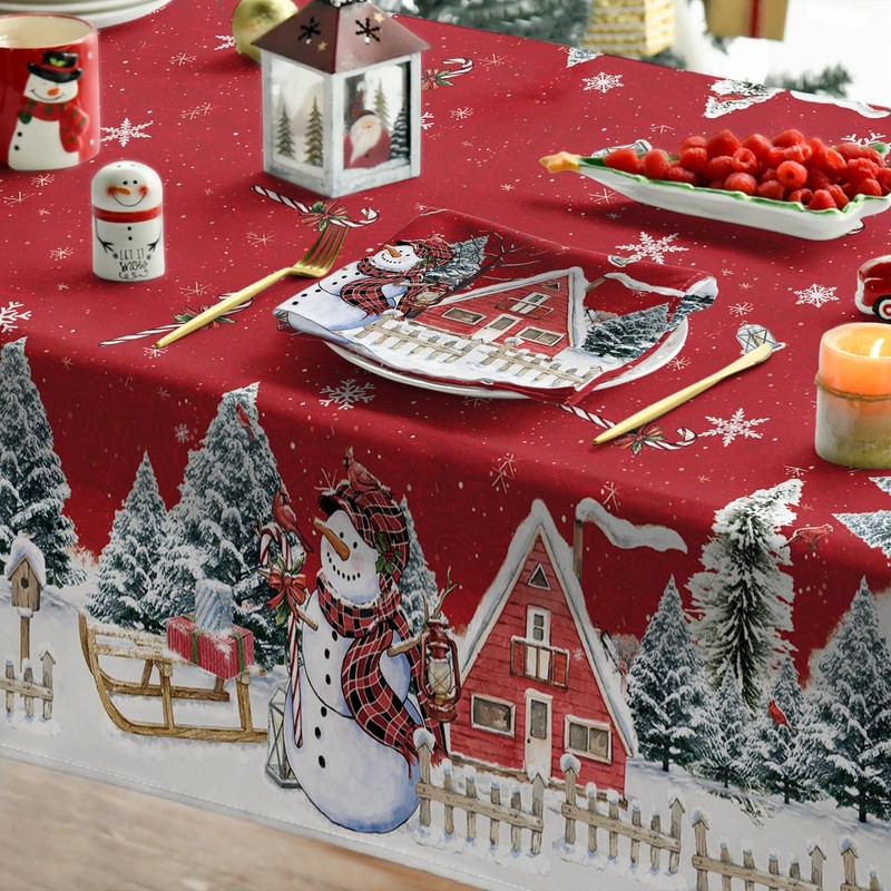 Artoid Mode Red House Trees Snow Snowman Christmas Table Cloth,