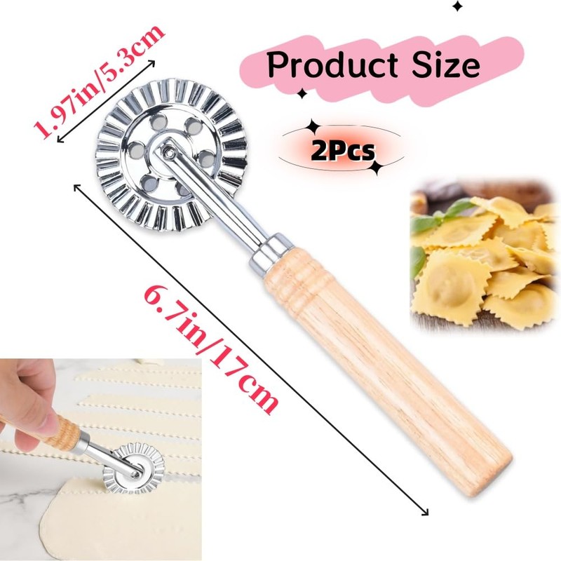 2Pcs Pastry Wheel Cutter,Ladiz Pasta Cutter Wheel with Long Wooden