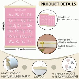 Piegricdiat Pink Toddlers Numbers Alphabet Poster for ABC Nursery,2 PCS Educational Wall Chart for Nursery Kids Learning for Bathroom & Homeschool & Playroom, Nursery Decor and Bedroom for Wooden Hanger Frame-A03