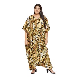 Oussum Gypsie Blu Women's Leopard Print Kaftan Plus Size Kimono Maxi Dress Summer Long Tunic Beachwear, Brown, One Size Plus