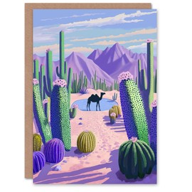 Artery8 Greeting Card Desert Oasis Cacti Camel Purple Green Landscape Blank For Him Or Her Art Birthday Card