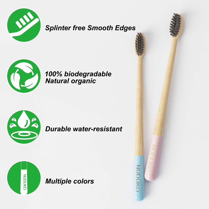 NUDUKO Biodegradable Charcoal Toothbrush Bamboo Toothbrushes - 6 Pack Eco-Friendly,