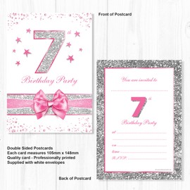 Olivia Samuel 20 x 7th Birthday Party Invitations from Pink Sparkly Design and Photo Effect Silver Glitter - A6 Postcard Size with envelopes