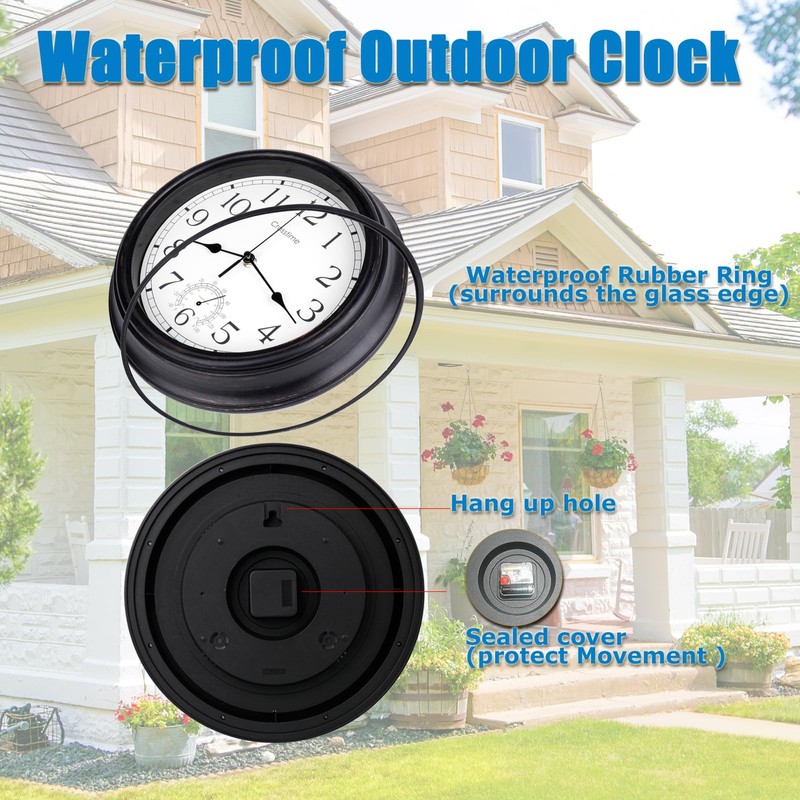 16 Inch Large Outdoor Clock Waterproof with Thermometer - Vintage
