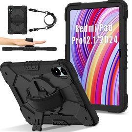 Doemoil for Xiaomi Redmi Pad Pro 12.1"/Xiaomi Poco Pad 12.1" Case with 2PCS Screen Protector Kickstand/Hand Strap/Rotating/Shoulder Strap (Black+2 PCS Glass)