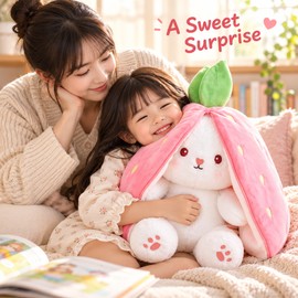 Kawaii Transforming Fruit Bunny Plush Toy, Strawberry and Carrot Rabbit with Multiple Size Options
