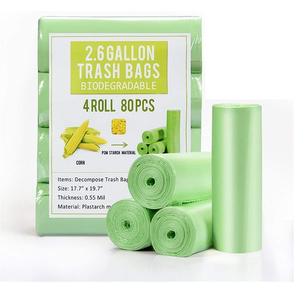 Small Garbage Bags 2.6 Gallon Biodegradable Trash Bags for Bathroom Office, Recycling Eco-Friendly Trash Can Liner with Strong Tear & Leak Resistant, Green, 80 Cts