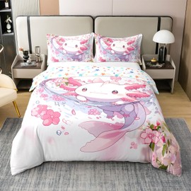 Feelyou Kids Cute Axolotl Bedding Set Sakura Flower Duvet Cover 100% Cotton Twin Size Girls Bedroom Decor Kawaii Ocean Sealife Comforter Cover Set Pink Bedspread Cover with 1 Pillow Case,No Comforter