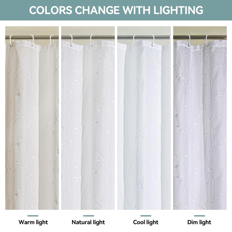 Embroidered Leaf Farmhouse Shower Curtain,Faux Linen,72Wx84L,White