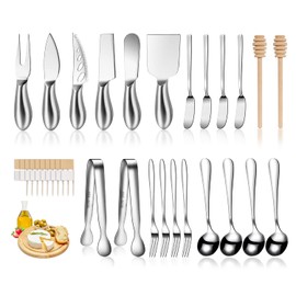 Silver Cheese Knife Set For Charcuterie Board Accessories, Stainless Steel Cheese Slicer And Butter Spreader knives Kit With Serving Tongs, Spoons, Forks, Flags Cheese Markers, Honey Dipper (23 Pack)
