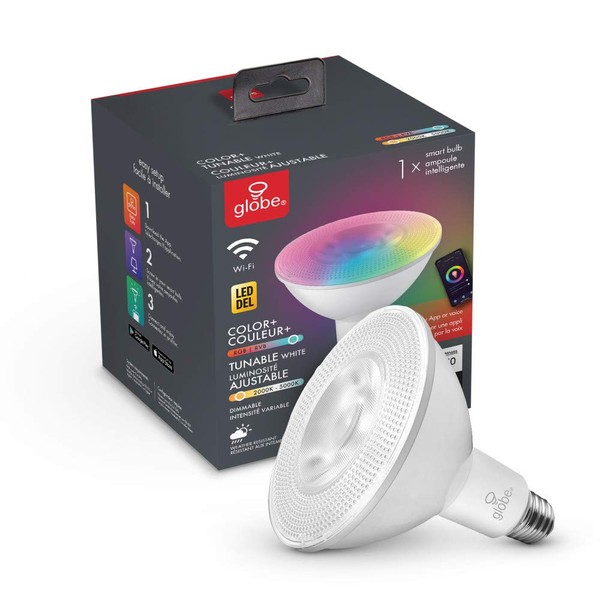 Globe Electric 50043 Wi-Fi Smart 10 Watt (90W Equivalent) Multicolor Changing RGB Tunable White Frosted LED Light Bulb, No Hub Required, Voice Activated, 2000K - 5000K, PAR38 Shape, E26 Base