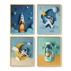 Framed Space Astronaut Cool Wall Art for Nursery Decor, 4 Piece Modern Space Themed Canvas Prints Paintings Artwork for Walls, Rocket Pictures for Bedroom, Kids Room, Baby Room, Boys Room, Bathroom Wall Decor