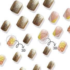 3D Flower Press on Nails Glossy Gold Glitter Short Square False Nail Daisy Gel Glue on Fingernails French Tips Acrylic Full Cover Fake Nails Line Stick on Nail 24Pcs for Holiday Manicure Art