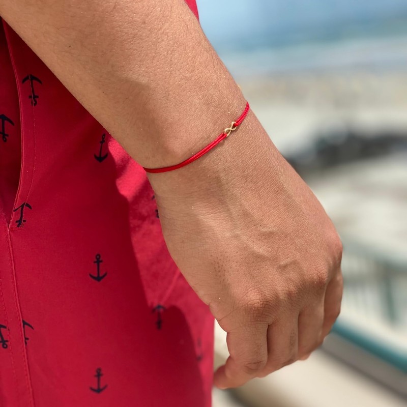 Solid 14K Gold Tiny Infinity Bracelet with Red String |
