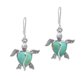 Love Life Sea Turtle Heart Simulated Green Turquoise .925 Sterling Silver Dangle Earrings
