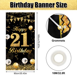 21st Birthday Banner Black Gold, 21 Year Birthday Decoration Door Backdrop for Men Women, Large Fabric 21st Birthday Party Decoration Door Banner for Table Wall Decoration, 180 x 90 cm